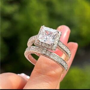 Silver connected engagement style ring set